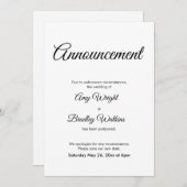 Carte élégante de Faire-part Mariage reportée (Devant / Derrière)