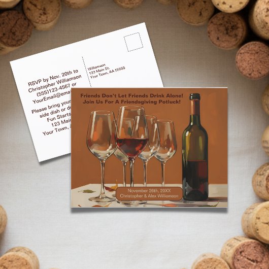 Carte Élégante de Friendsgiving Potluck avec Vin P