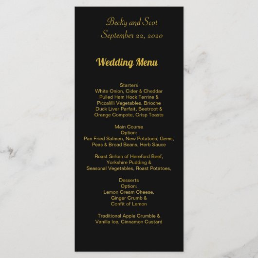 Carte élégante de menu de mariage de noir et d'or (Devant)