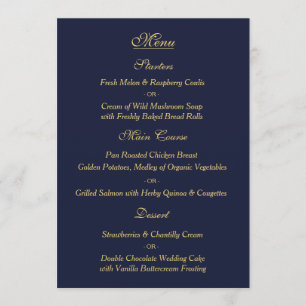 Carte élégante de menu de mariage d'or de marine