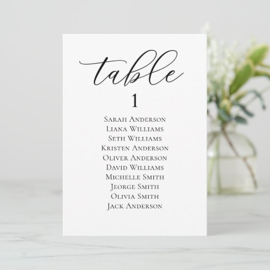 Carte élégante de plan de table de mariage en écri (Debout devant)