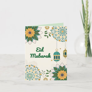 Carte élégante d'Eid Mubarak avec lanternes et mot