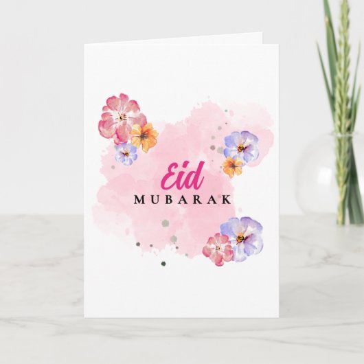 Carte élégante Eid Mubarak à l'aquarelle florale. (Devant)