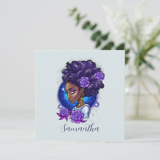 Carte Élégante femme Afro Rose violette (Debout devant)
