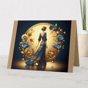 Carte Elégante femme Art Déco en Or et Bleu