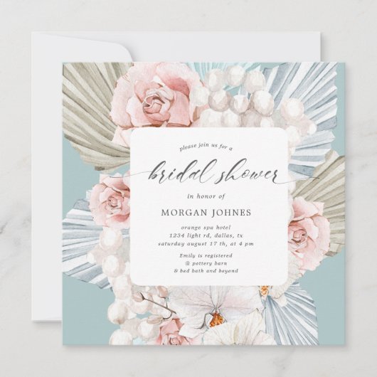 Carte élégante Fête des mariées fleurie bohème bleu d'hi (Devant)