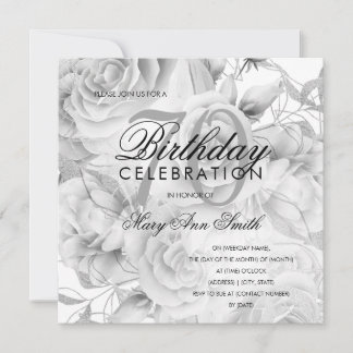 Carte Élégante fête du 70e anniversaire Floral Argent bl