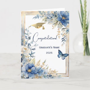 Carte Elégante Fleur Beige Bleu Personnalisée Graduation