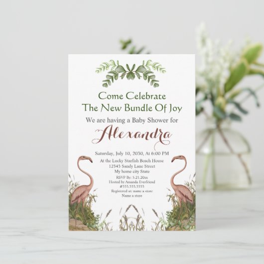 Carte Elégante Giraffe rose Floral Baby shower invitatio (Debout devant)