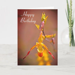Carte Elégante Orange Jaune Orchidée Fleur Joyeux Annive