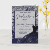 Carte Elégante Parties scintillant Bleu Argent Robe Grad (Fleur jaune)