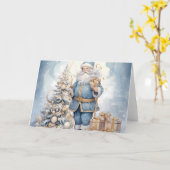 Carte Elégante Père Noël Bleue avec Design Arbre de Noël (Fleur jaune)