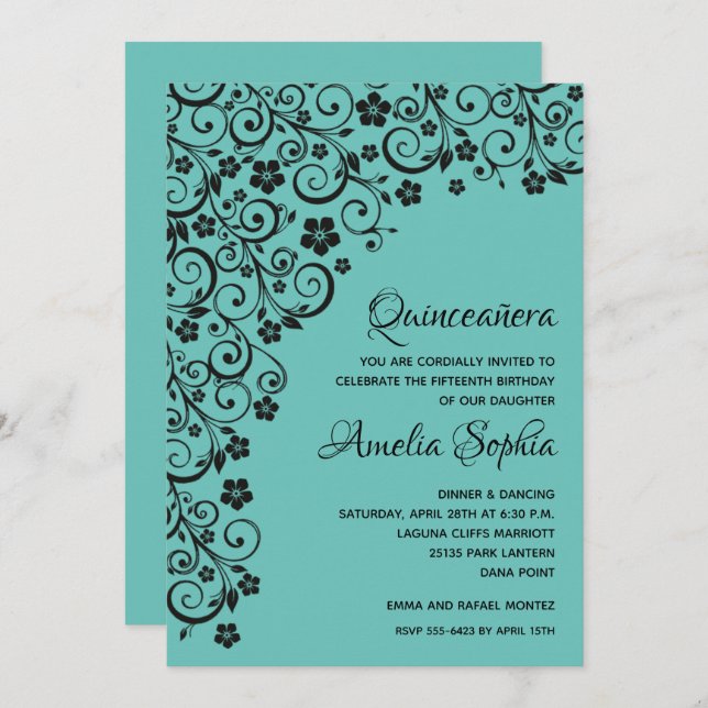 Carte Elégante Quinceañera Black & Tiffany Blue Swirls (Devant / Derrière)