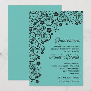 Carte Elégante Quinceañera Black & Tiffany Blue Swirls