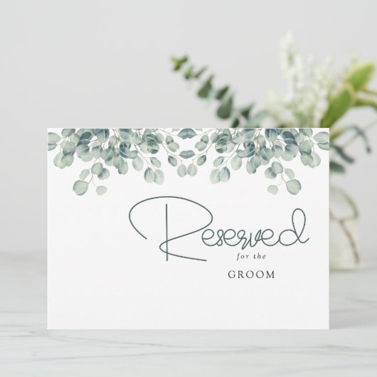 Carte Élégante Réserve de Mariage Feuilles d'Eucalyptus (Debout devant)