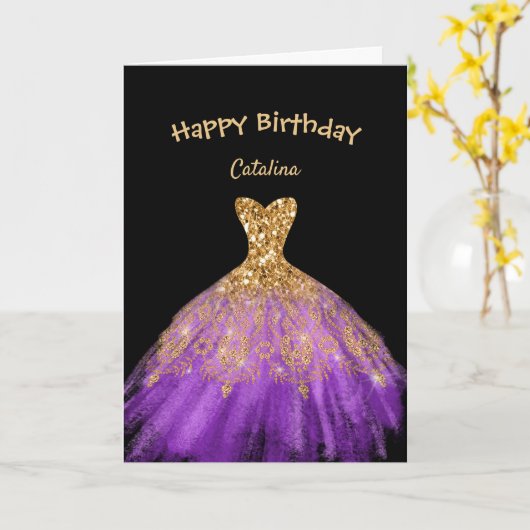 Carte Élégante robe violet or noir Anniversaire (Fleur jaune)