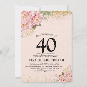 Carte Elégante rose florale & Parties scintillant 40e fê