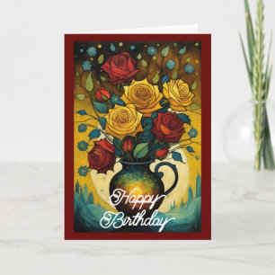 Carte Elégante Roses Rouge Jaune Fleur Dans Vase Anniver