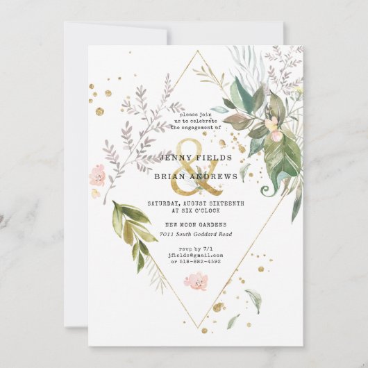 Carte Élégante verdure or mariage fiançailles fête (Devant)