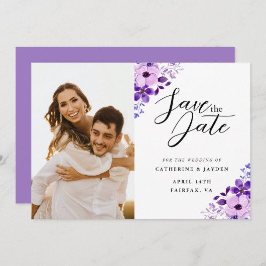 Carte Élégante Violet Amour Plat Enregistrer La Da (Devant / Derrière)