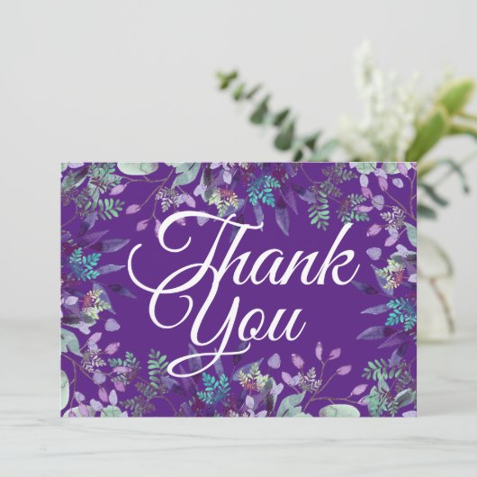 Carte Élégante violet Merci floral blanc Calligraphie (Debout devant)