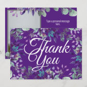 Carte Élégante violet Merci floral blanc Calligraphie (Devant / Derrière)