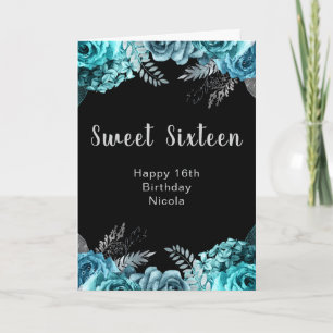 Carte Élégantes fleurs bleu sarcelle et argent pour un S