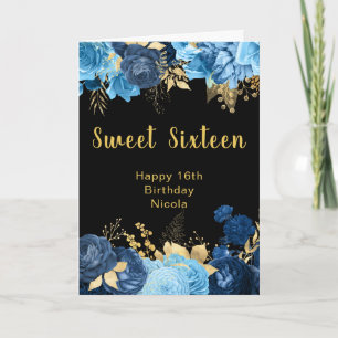 Carte Élégantes fleurs bleues et dorées Sweet Sixteen