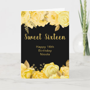 Carte Élégantes Fleurs Jaunes et Dorées Sweet Sixteen