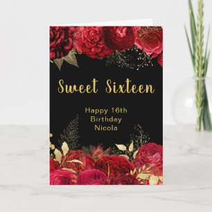 Carte Élégantes Fleurs Rouges et Dorées Sweet Sixteen