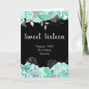 Carte Élégantes fleurs vertes et argentées Sweet Sixteen