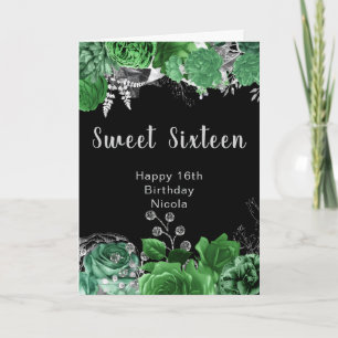Carte Élégantes fleurs vertes et argentées Sweet Sixteen