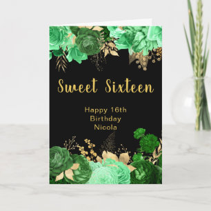 Carte Élégantes fleurs vertes et dorées Sweet Sixteen