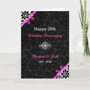 Carte Élégants damas noir et blanc avec ruban rose