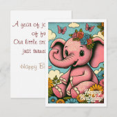 Carte Élément vintage boho pour 1er anniversaire Éléphan (Devant / Derrière)