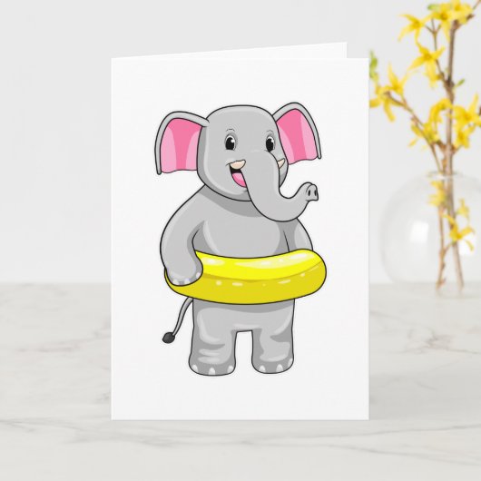 Carte Éléphant à la baignade avec bouée de sauvetage (Fleur jaune)