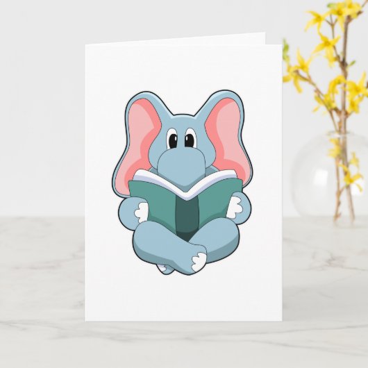 Carte Éléphant à la lecture avec un livre (Fleur jaune)