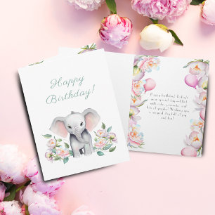 Carte Eléphant Bébé avec pivoines et ballons Anniversair
