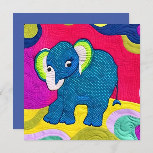 Carte Eléphant Bébé Bleu Cute - Design Quilt (Devant / Derrière)
