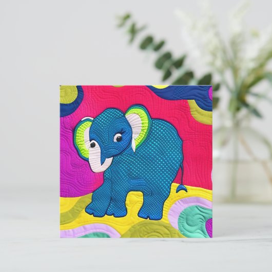 Carte Eléphant Bébé Bleu Cute - Design Quilt (Debout devant)
