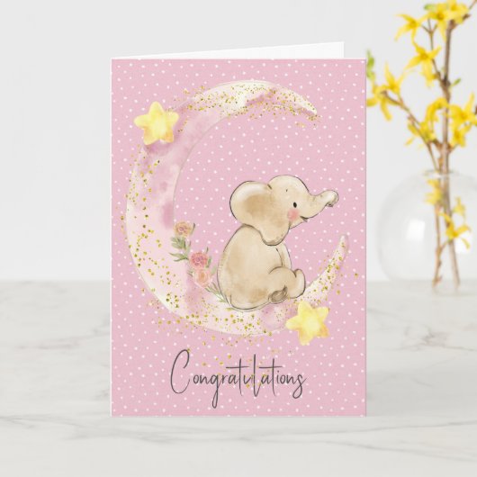 Carte Eléphant Bébé Sur Lune Rose (Fleur jaune)
