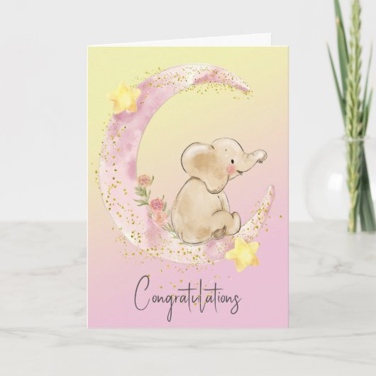 Carte Eléphant Bébé Sur Lune Rose (Devant)
