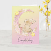 Carte Eléphant Bébé Sur Lune Rose (Fleur jaune)