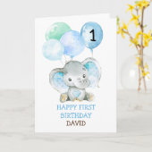 Carte Elephant Blue Boy Premier anniversaire mignon 1er  (Fleur jaune)