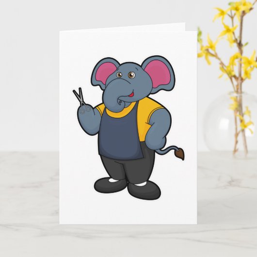 Carte Éléphant coiffeur avec ciseaux (Fleur jaune)
