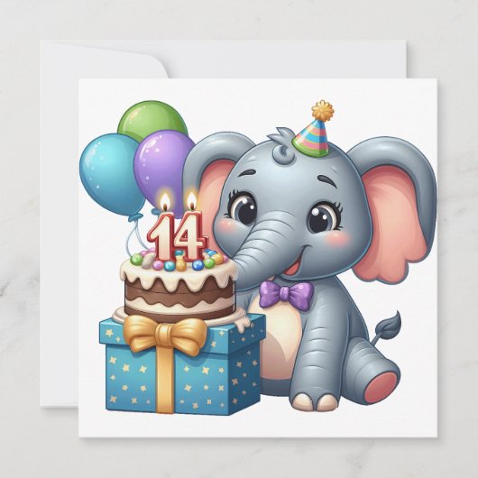 Carte Éléphant d'anniversaire 14 ans (Devant)