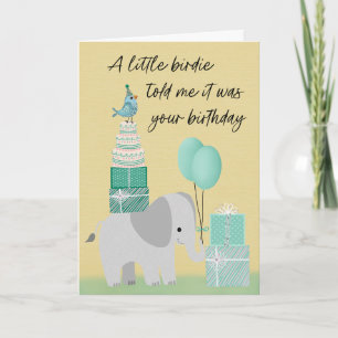 Carte Éléphant d'anniversaire avec un petit oiseau