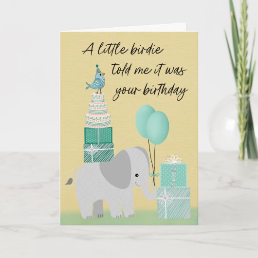 Carte Éléphant d'anniversaire avec un petit oiseau (Devant)