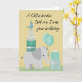 Carte Éléphant d'anniversaire avec un petit oiseau (Fleur jaune)