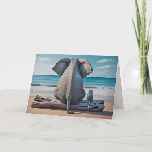 Carte Elephant d'anniversaire et souris sur la plage Jou (Devant)